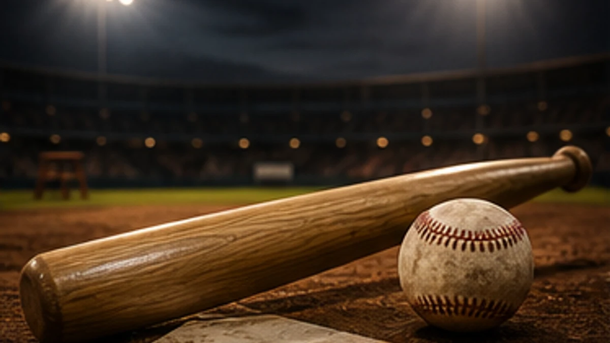 Baseball bat and ball at home plate under stadium lights
