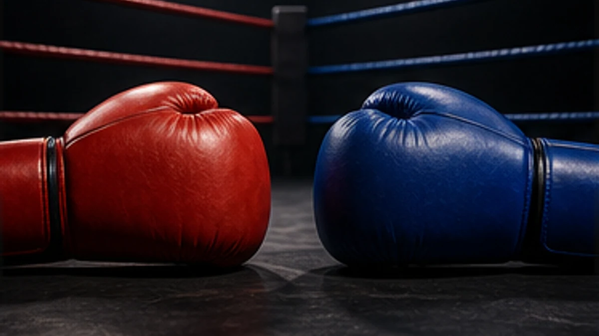 Generic red and blue combat-sports gloves in a boxing ring