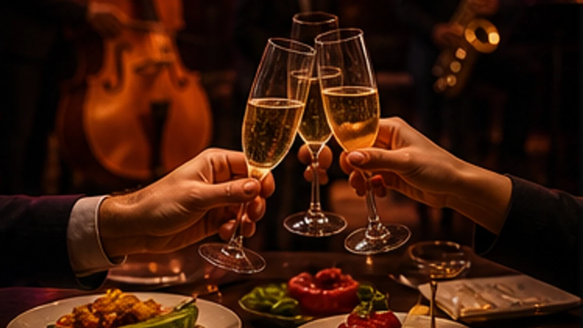 Champagne toast and appetizers during customer appreciation night